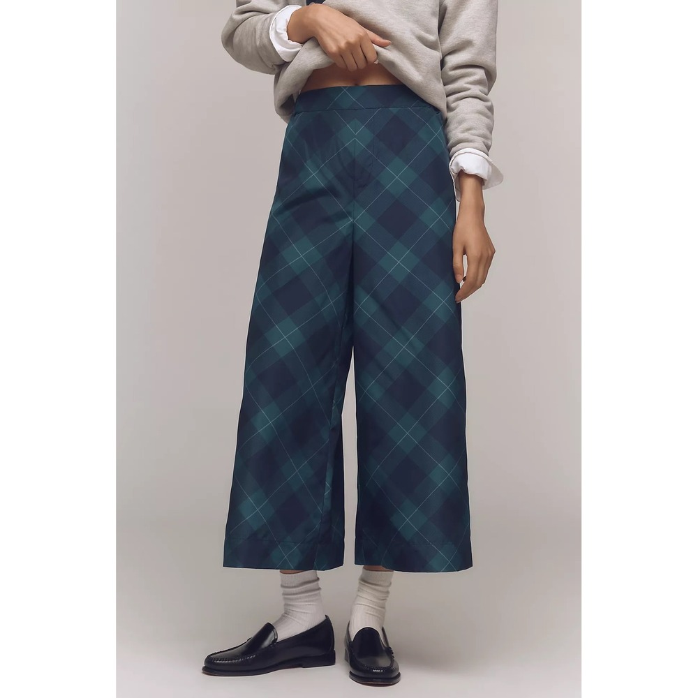 Anthropologie NWT Maeve Taffeta Plaid Cropped Wide Leg Pants Large Black Watch